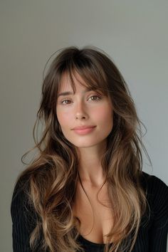 Long Brown Hair Side Bangs, Long Thick Hairstyles With Bangs, Side Bangs With Long Hair Straight, Long Bangs Medium Length Hair, Medium Fine Hair With Bangs, Dark Brown Hair With Wispy Bangs, 2024 Hair Trends For Women Bangs, Bangs For Side Part, Long Hair Wispy Bangs Layers