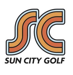 the sun city golf logo is shown in orange, blue and grey colors on a white background