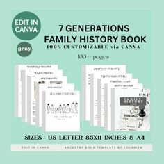 the 7 generations family history book is shown in front of a light green background