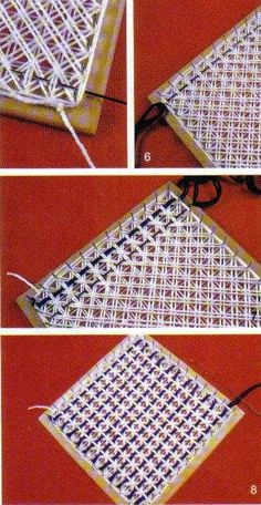 four pictures showing how to make an ornament in crochet and yarn