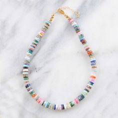 Bohemian luxe at its finest! This chunky mixed gemstone necklace features thick heishi cut beads in a mix of stones (moonstone, jade, lapis, amethyst and more) all the way around. Quite simply, it's the most luxurious piece in the Libby & Smee collection. NOTE: This is a pre-order. Your necklace will ship in approximately 3 weeks. adjustable 14.5"-16.5" finished with gold-plated beads, lobster claw clasp and extender chain 8mm heishi-cut mixed gemstone beads (may be slightly different than pictu Multicolor Heishi Beads Jewelry With Natural Stones, Bohemian Luxe, Matching Bracelets, All The Way, Stretch Bracelets, Gemstone Necklace, Lobster Claw, 3 Weeks, Gemstone Beads