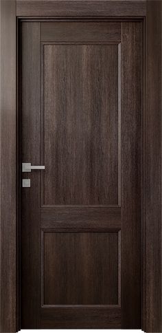 a wooden door with metal handles on the front and side doors, in dark wood