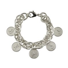 Celebrate your family with our timeless and classic Preston bracelet adorned with 5 metal Dalton Charms with the initials of your choice. One for each beloved family member. Your charms will be equally spaced along the length of the bracelet. (Please specify in your order notes if you would like them to be arranged differently.) Measurements (approximate): Bracelet - 8" length (20.3 cm) Small Charm - 3/4" (19 mm) diameter Medium Charm - 1" (2.5 cm) diameter Materials: Steel with gold or silver finish Small Charms, Preston, Family Members, Initials, Charm Bracelet, Charms, Bracelet, Silver, Gold