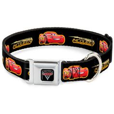 a black collar with cars on it and a silver buckle in the center is an image of a red car