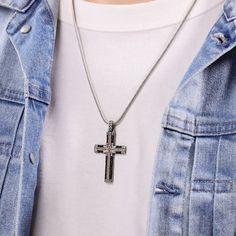 This rugged cross necklace serves as a daily testament to his faith. Sterling silver Features round-cut black spinel and black leather accents 24-inch popcorn chain with lobster clasp Black Spiritual Jewelry For Father's Day, Spiritual Black Jewelry For Father's Day, Black Cross Necklace With Box Chain, Black Cross Pendant Jewelry For Father's Day, Rugged Cross, Fan Jewelry, Anniversary Necklace, Sterling Silver Cross Necklace, Diamond Wedding Rings Sets