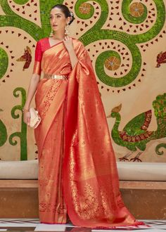 BRIDAL RED KANJIVARAM SILK 198006  Desc:      The red colour signifies beauty and fearlessness. Wear this saree and glam up in this festive season! Kanjivaram SareesKanjivaram sarees are woven from mulberry silk thread and the Zari of south India the speciality of this saree is  that there is a stunning golden lustre of the zari threads which looks absolutely stunning. The medieval Indian literatures associated kanjivaram fabrics with gods.. With Express Free Shipping and Custom Stitching, Buy I Red Kanjivaram Saree Silk Bridal, Red Kanjivaram Saree Silk, Red Kanjivaram Saree, Kanjivaram Sarees Silk, Saree Silk, Utsav Fashion, Wedding Saree Indian, Art Silk Sarees, Red Saree