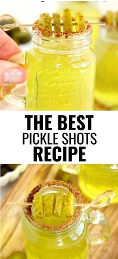 Collage of pickle shot at top and overhead shot of pickle shot at bottom. Pickle Shots Recipe Vodka, Pickle Shots, Pickle Back Shots, Pickle Juice Shots, Pickle Juice Recipe, Dill Pickle Juice, Drop Kick, Bartender Drinks Recipes, Pickle Vodka