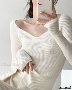 Olivia Mark - Knit Sweater with Floral Collar and Peek-a-boo Lockbone Design, Perfect for Layering Base Clothing, Womens Knit Sweater, Solid Sweaters, Neckline Designs, Sweater White, Spring Women, Sweaters Online, Ribbed Knit Sweater, Pullover Sweater Women