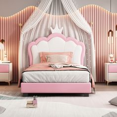 a pink and white bedroom with a canopy bed, dressers and mirror on the wall