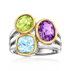 Ross-Simons - 1.60ct Sky Blue Topaz, 1.50ct Amethyst, 1.50ct Peridot Ring in Two-Tone Silver. Size 9. Make a colorful statement with our impressive ring. A 1.50 carat round peridot, 1.50 carat oval amethyst and a 1.60 carat square cushion-cut blue topaz form a vivid trio. Crafted in sterling silver and 18kt yellow gold over sterling silver. 5/8" wide. Multi-gemstone ring. Peridot birthstones are the perfect gift for August birthdays. August Birthdays, Peridot Birthstone, Multi Gemstone Ring, August Birthday, Sky Blue Topaz, Peridot Ring, Cushion Cut, Gemstone Ring, Blue Topaz