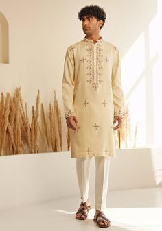 Ivory Chinese Collar Kurta Set Shreyansh - Fabilicious Fashion Cream Sets With Pearl Embroidery For Eid, Elegant Semi-stitched Sherwani In Straight Kurta Style, Elegant Beige Traditional Wear With Zari Work, Elegant Embroidered Sherwani Straight Kurta, Elegant Designer Wear Sherwani With Straight Kurta, Elegant Cream Traditional Wear For Festive Occasions, Unstitched Elegant Straight Kurta Sherwani, Elegant Unstitched Sherwani With Straight Kurta, Elegant Straight Kurta For Reception