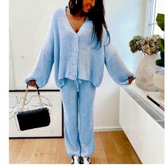 Sky Blue, Soft Material 30% Wool 70% Acrylic, One Size, Blue Casual Sets For Fall, Winter Loungewear Pants In Blue, Blue Pants For Winter Loungewear, Winter Blue Lounge Pants, Blue V-neck Workwear Set, Blue Clothing Sets For Fall, Chic Blue Loungewear Sets, Chic Blue Sets For Loungewear, Blue Sets For Fall