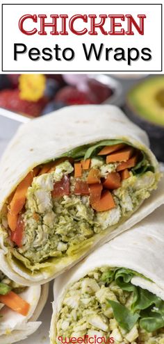 chicken pesto wraps with carrots and avocado in the wrap on top