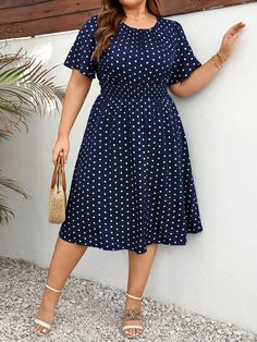 Women Polka Dot Printed Plus Size Dress Maxi Women Outfit Navy Blue Casual  Short Sleeve Woven Fabric Geometric,Polka Dot,All Over Print A Line Non-Stretch  Women Plus Clothing, size features are:Bust: ,Length: ,Sleeve Length: Simple Dress Styles, Office Dresses For Women, African Dresses For Women, Women Maxi, African Attire, Polka Dot Print, African Dress, African Clothing, Plus Size Dress