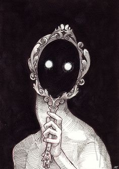 a black and white drawing of a woman holding a magnifying glass in front of her face