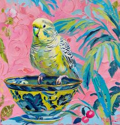 a painting of a yellow parakeet perched on a bowl