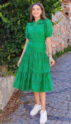 Introducing our new ' sammie ' dress which is made from a stunning green  100% cotton material that has broderie & lace detailing , the dress also features a cute puff shoulder detail and also has a frill bottom, this is perfect for occasion wear and also the perfect holiday dress! Embroidered Lace Dress, Holiday Dress, Cotton Lace, Green Cotton, Holiday Dresses, Dress Clothes For Women, Embroidered Dress, Bulgaria, Occasion Wear