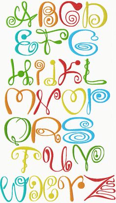 the letters are drawn in different colors and sizes, including one that has swirls on it