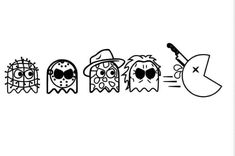 a line up of cartoon characters with faces drawn in black and white on a white background