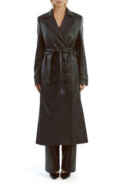 Update your outerwear portfolio with this sleek faux-leather trench coat featuring a classic notched collar and a matching tie belt. 48" length (size Small) Front button closure Notched collar Front welt pockets Removable tie belt Back vent Lined 55% polyester, 45% cotton with polyurethane coating Hand wash, line dry Imported Faux Leather Trench Coat, Leather Trench, Trench Coat Black, Leather Trench Coat, Loungewear Shorts, Designer Clothes For Men, Modern Outfits, Notched Collar, Autumn Fashion Women