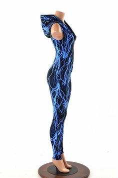 High Stretch Sleeveless Blue Unitard, Blue Sleeveless High Stretch Unitard, Blue Sleeveless Stretch Unitard, Sleeveless High Stretch Blue Unitard, Buring Man, Blue Lightning, Rave Festival, Sleeveless Hoodie, Neon Blue