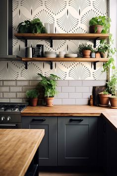 some plants are sitting on shelves in the corner of a kitchen with grey cabinets and wooden counter tops