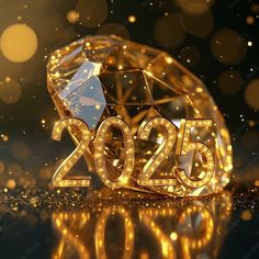 a golden christmas ornament with the number 2055 on it and sparkling lights in the background