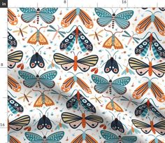 an orange and blue pattern with moths on it's back, in front of a white background