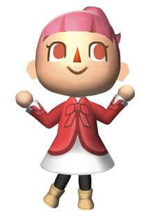 an animal crossing character wearing a red jacket and white dress, with her hands in the air