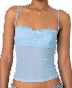 Blue Nylon Top With Built-in Bra, Blue Mesh Top For Summer, Sheer Blue Mesh Tops, Fitted Light Blue Summer Camisole, Fitted Light Blue Camisole, Light Blue Fitted Camisole For Summer, Spring Blue Camisole With Built-in Bra, Summer Nylon Camisole, Sheer Mesh Camisole For Summer