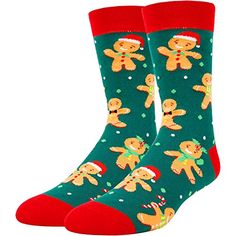 a pair of christmas socks with ginger bears on them