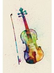 a watercolor painting of a violin and a stick