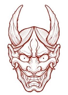 a demon mask with horns and fangs on it's face, drawn in red ink