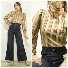 "Stunning late 70s, early 80s American Made Blouse with Unique Design & Rare Colour Palette ~ there is a button up mock neckline that connects with the left side button down front ~ the shoulders are gathered and puffed with a shapely sleeve and button up cuff ~ Silky feel Polyester with stripes of two tone Red, Sage Green, Slate Blue, Muted Grey, Butter yellow and Camel Beige ~ Excellent Vintage Condition: minimal signs of wear if any! Label: Langtry. MADE IN U.S.A.  Best Fit: Small - Medium Sh Fall Retro Blouse With Vintage Print, Retro Vintage Print Blouse For Fall, Retro Blouse With Vintage Print For Fall, Fall Vintage Print Tops, Retro Long Sleeve Blouse For Vintage Fashion, 1970s Vintage Fashion Tops For Spring, Retro Puff Sleeve Tops For Fall, Chic Vintage Fashion Tops For Fall, Chic Vintage Fall Tops