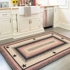 a kitchen area with a rug, sink and dishwasher on the counter top