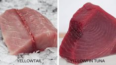 two pictures side by side one with tuna and the other with yellowfin tuna on it