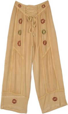 Free-flowing stonewashed straight-leg pants are perfect for any season. They impart effortless style with floral embroidery in burgundy and dark green. #tlb #SplitSkirtsPants #Stonewash #Embroidered #Misses #Pocket #Summerpants #greenpants #greenstreetpants Bohemian Non-stretch Bottoms With Floral Embroidery, Casual Long Skirt With Floral Embroidery, Bohemian Embroidered Beige Bottoms, Beige Bohemian Embroidered Bottoms, Bohemian Ankle-length Pants With Floral Embroidery, Bohemian Straight Pants With Floral Embroidery, Bohemian Wide-leg Pants With Floral Embroidery, Casual Wide Leg Pants With Floral Embroidery, Bohemian Floral Embroidery Pants For Summer