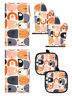 four oven mitts and one pot holder with an elephant design on the front, two are