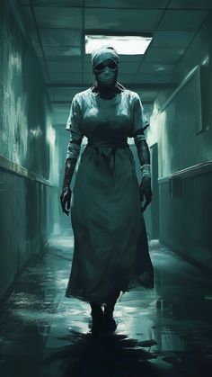 a person in a long white dress walking down a hallway with a face mask on