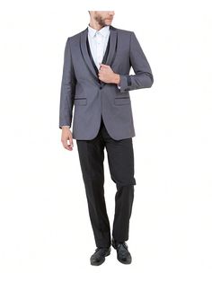 Ooze confidence and modern style in this sharp 3-piece slim-fit tuxedo. The one-button closure jacket boasts a luxurious fabric drape, peak lapels with contrasting satin trim, and functional satin-trimmed side pockets. A five-button vest with a matching satin collar creates a cohesive look, while the slim-fit trousers with a flat front hug your legs for a contemporary silhouette.Men's 3pc Grey/Black  Peak Lapel With Satin Trim Solid Slim Fit Tuxedo Grey Casual,Work,Party  Long Sleeve  Plain  Med Black-tie Tuxedo Blazer In Slim Fit, Fitted Tuxedo With Hidden Button Closure For Parties, Fitted Sets With Notch Lapel For Black-tie Events, Slim Fit Tuxedo Blazer For Party, Fitted Tuxedo With Lapel Collar For Black-tie Events, Fitted Tuxedo With Notch Lapel, Fitted Black Tie Suits, Fitted Notch Lapel Tuxedo For Semi-formal Occasions, Fitted Semi-formal Tuxedo With Notch Lapel