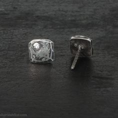 These 925 sterling silver stud earrings with imitation diamond gemstones are handmade by me in the Pacific Northwest of North America. Imitation diamonds are either spinel or cubic zirconia that has been cut to the high standard of diamonds. I hammer, solder and set the stones in them by hand, one pair at a time. The finish on this pair is called antiqued. They have been tarnished with sulfur and then rubbed back to show the texture. Because my jewelry is made using hand fabrication processes, i Handmade Gifts For Him, Mens Earrings Hoop, Stud Earrings For Men, Silver Earrings Handmade, Gemstone Stud Earrings, Sterling Silver Stud Earrings, Sustainable Business, Small Earrings Studs, Mass Production