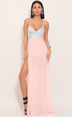 Party dresses > Kaylen Sequin Maxi Dress in Blush Iridescence Glamorous Sequined Maxi Dress For Spring, Glamorous Split Maxi Dress For Prom, Glamorous Prom Maxi Dress With Side Slits, Backless Sequin Maxi Dress For Summer, Glamorous Spring Sequin Maxi Dress, Glamorous Spring Maxi Sequin Dress, Glamorous Party Dress With Split, Maxi Length Dresses With Side Slits For Homecoming, Sleeveless Sequined Maxi Dress For Homecoming