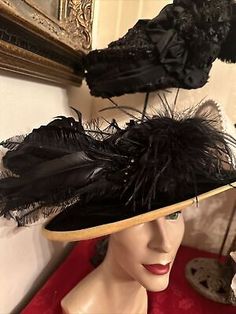 Antique Edwardian Hat 1900 Mourning With Wire FramChantilly Lace And Beaded Trim  | eBay 1890s Hats, Edwardian Hat, Antique Hat, Antique Hats, Velvet Hat, Beaded Trim, If Only, Early 1900s, Antique Victorian