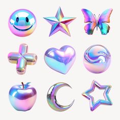 an assortment of shiny metal objects including stars, moon and heart