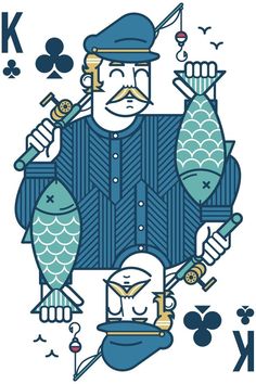 a card with an image of a man holding two fish in his hands and playing cards