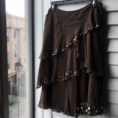 Brown Silk Lined Dkny Layered Skirt With Silver Metal Decor And Side Zipper - New With Tags Doll Brooch, Brown Silk, Layered Skirt, Women Skirts Midi, Colorful Decor, Metal Decor, Side Zipper, Dream Closet, Midi Skirt