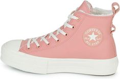 Converse Chuck Taylor All-Star Hi is a women's fashion sneaker with a high-top leather shoe shaft style and a flat heel type. It features a lace-up closure and a pink solid pattern with a logo accent. The shoe is lined and has a medium width. The shoe is suitable for walking and school activities during all seasons. The Converse Platform product line includes this model, which has a platform heel style. Tenis Converse, Converse Platform, Pink Solid, Platform Heel, Converse Chuck Taylor All Star, Heel Type, Womens Converse, Chuck Taylor All Star, Converse Chuck