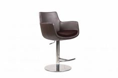 the modern bar stool has a brown leather seat and chrome steel base, along with an adjustable foot rest