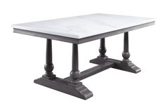 a white table with two black legs and a marble top on an isolated pedestal, viewed from the front