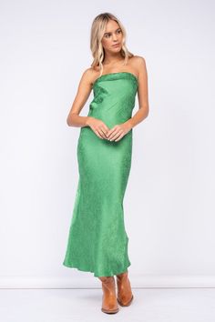 Final Sale - Get it before it's gone! Go to your next formal event wearing the Marla Green Floral Satin Strapless Maxi Dress! Green floral satin fabric shapes this maxi dress with a strapless neckline and an open back. Features a ruched elastic strap in the back - style with your favorite heels and jewelry for a chic formal look! DETAILS & FIT S: 50" Length, " 29 Bust, 28" Waist, 34" Hips M: 51.5" Length, 30" Bust, 30" Waist, 36" Hips L: 52" Length, 31" Bust, 32" Waist, 38" Hips 55% Viscose, 45% Strapless Satin Dress With Ruched Bodice For Prom, Strapless Maxi Dress For Gala During Prom Season, Strapless Satin Dress With Ruched Bodice For Gala, Strapless Satin Prom Dress With Ruched Bodice, Spring Satin Strapless Dress With Ruched Detail, Date Night Strapless Satin Dress With Ruched Bodice, Satin Strapless Dress With Ruched Bodice For Date Night, One Shoulder Satin Maxi Dress With Fitted Bodice, One-shoulder Satin Maxi Dress With Fitted Bodice